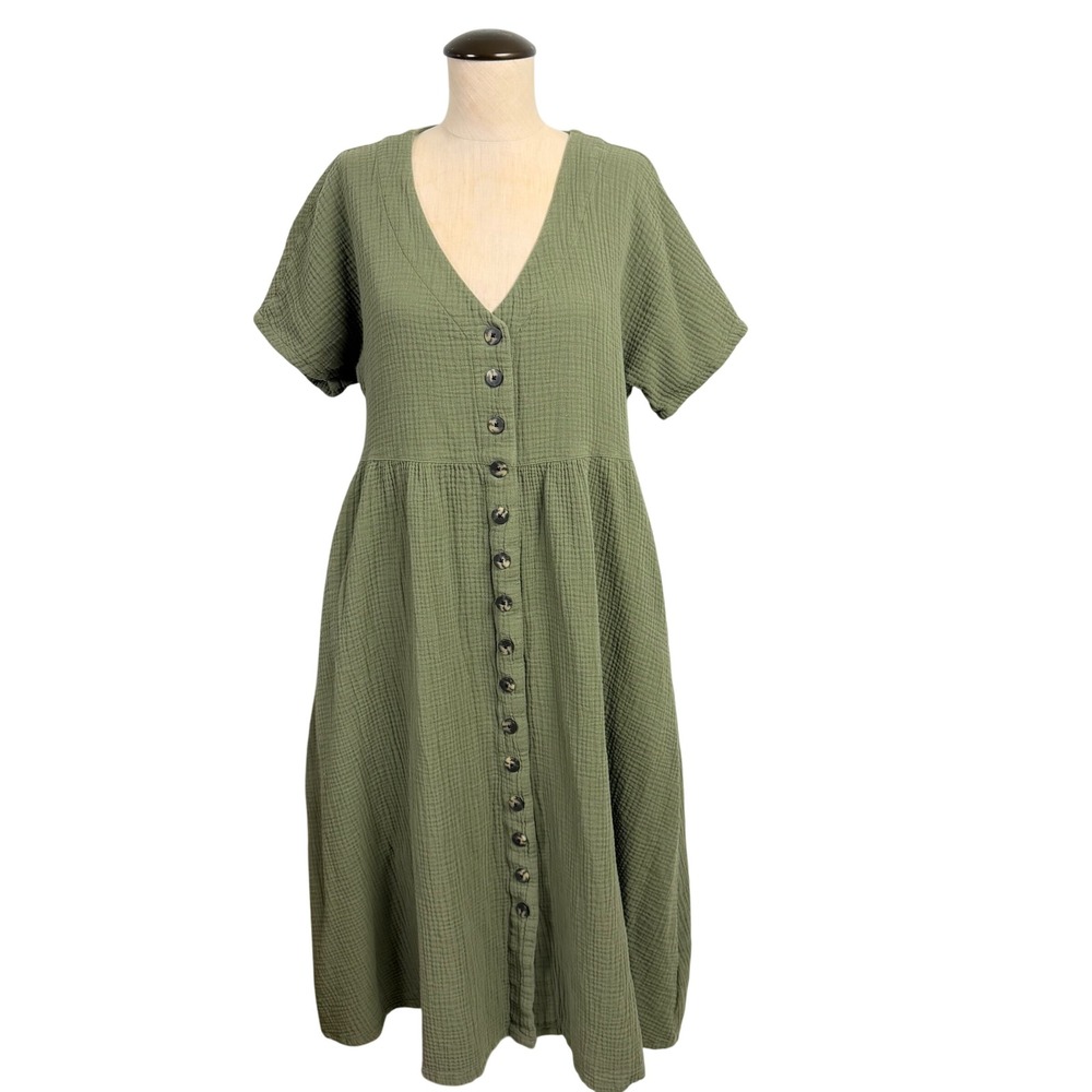 Madewell Olive Green Double Gauze Button Front Midi Dress S Short Sleeve Pockets